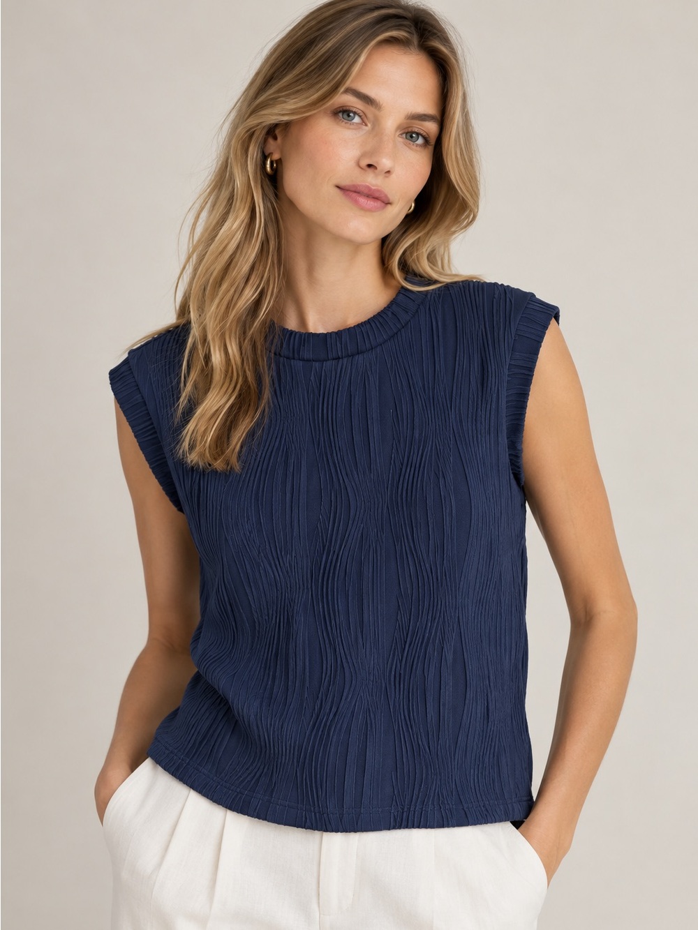 Women's Navy Sleeveless Textured Wave Top